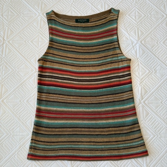 LAUREN RALPH LAUREN Southwestern Stripe Linen & Silk Blend Sweater Tank Size P/S - Picture 7 of 7